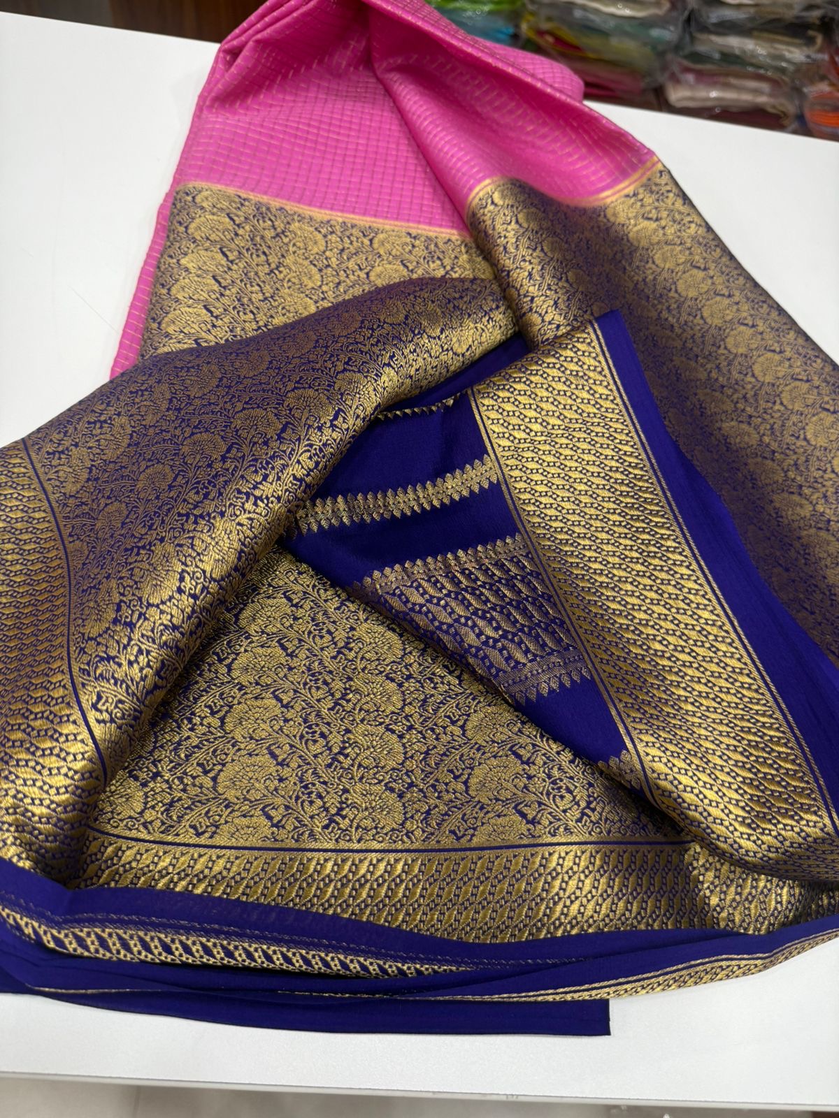 Mysore silk sarees half checks half broced
