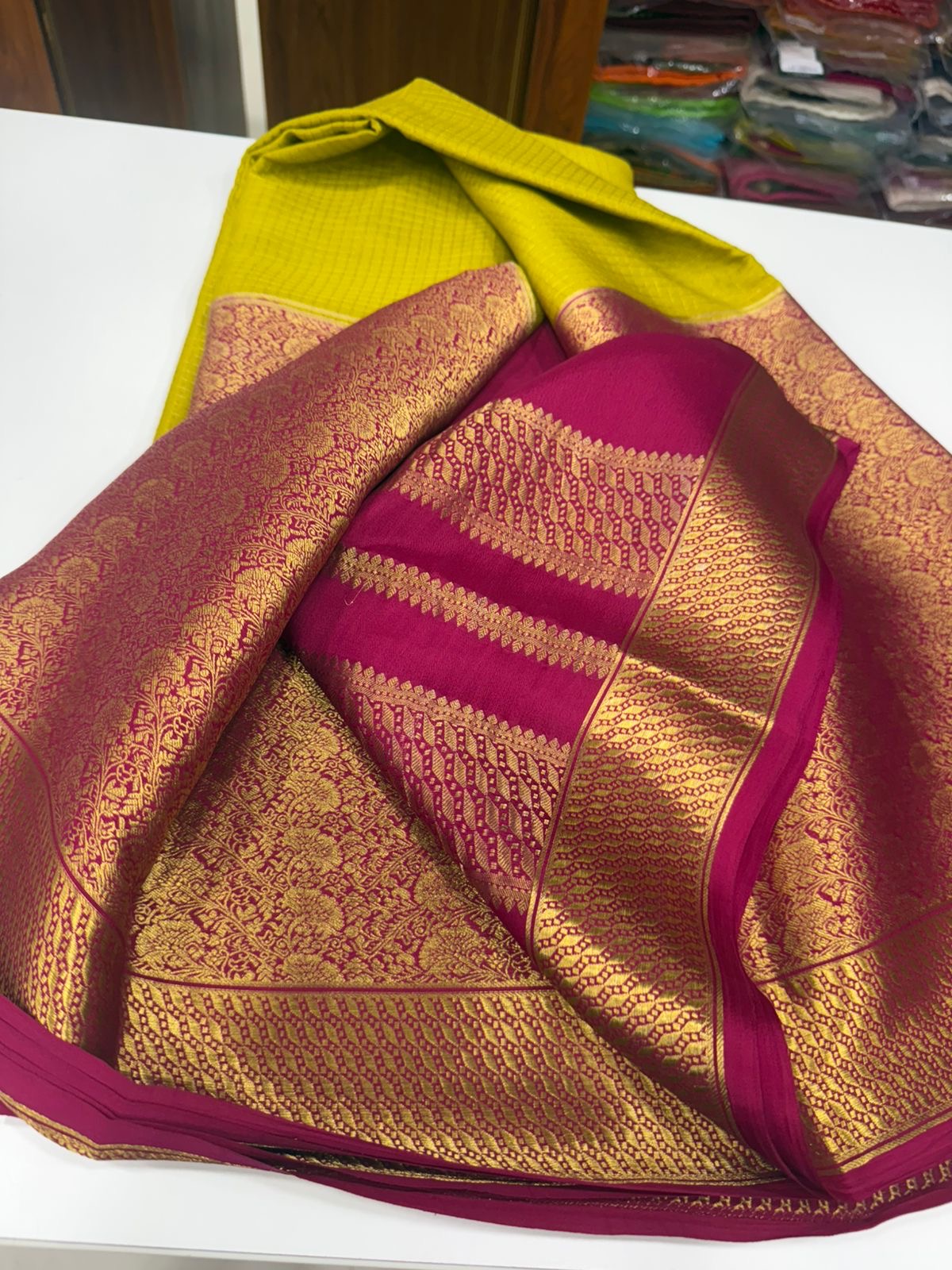 Mysore silk sarees half broced and half checks