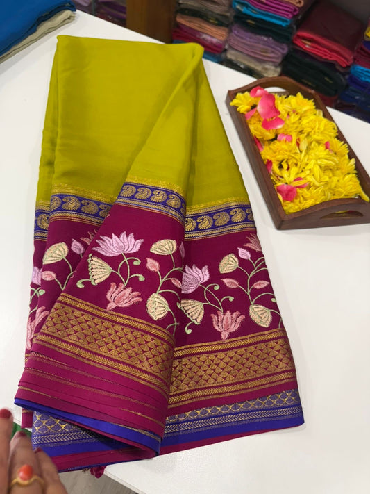 ❤️Embroidery  Mysore silk sarees  ❤️

❤️Traditional border with all  3D colors in embroidery pattern sarees ❤️