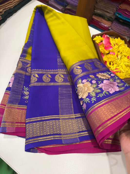 ❤️Embroidery  Mysore silk sarees  ❤️

❤️Traditional border with all  3D colors in embroidery pattern sarees ❤️