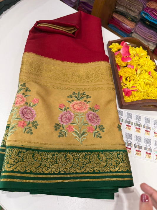 ❤️Embroidery  Mysore silk sarees  ❤️

❤️Traditional border with all  3D colors in embroidery pattern sarees ❤️