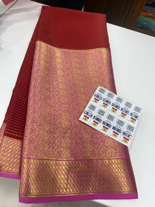 Mysore silk sarees half checks and half broced pattern